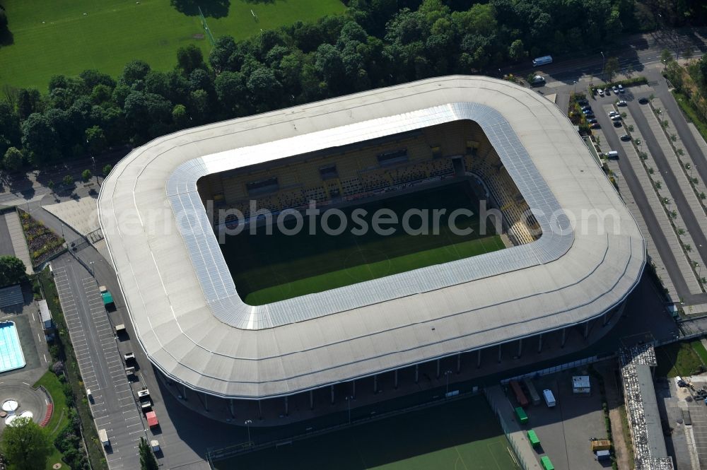 Aerial image Dresden - View of the stadium in Dresden in the state Saxony. The football stadium had to Lennéstreet over time the name of Rudolf-Harbig-Stadion, Dynamo Stadium and Gluecksgas Stadium