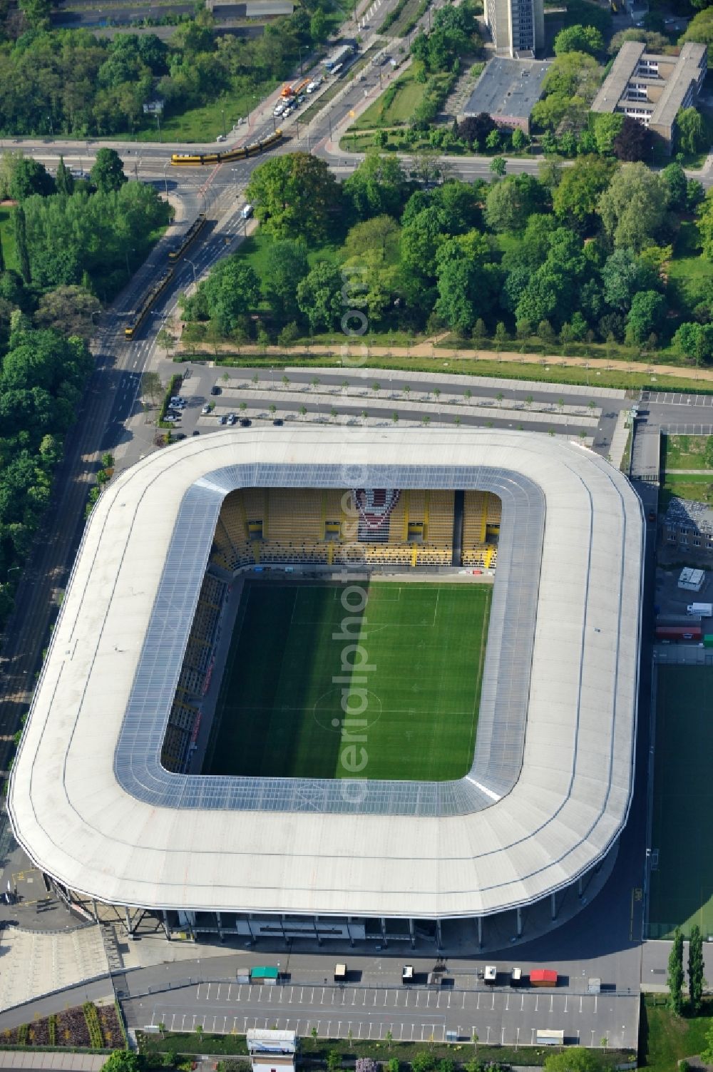 Dresden from above - View of the stadium in Dresden in the state Saxony. The football stadium had to Lennéstreet over time the name of Rudolf-Harbig-Stadion, Dynamo Stadium and Gluecksgas Stadium