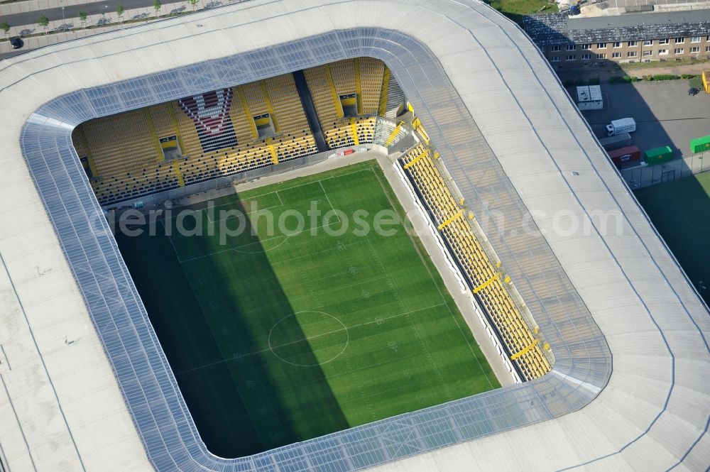 Dresden from above - View of the stadium in Dresden in the state Saxony. The football stadium had to Lennéstreet over time the name of Rudolf-Harbig-Stadion, Dynamo Stadium and Gluecksgas Stadium