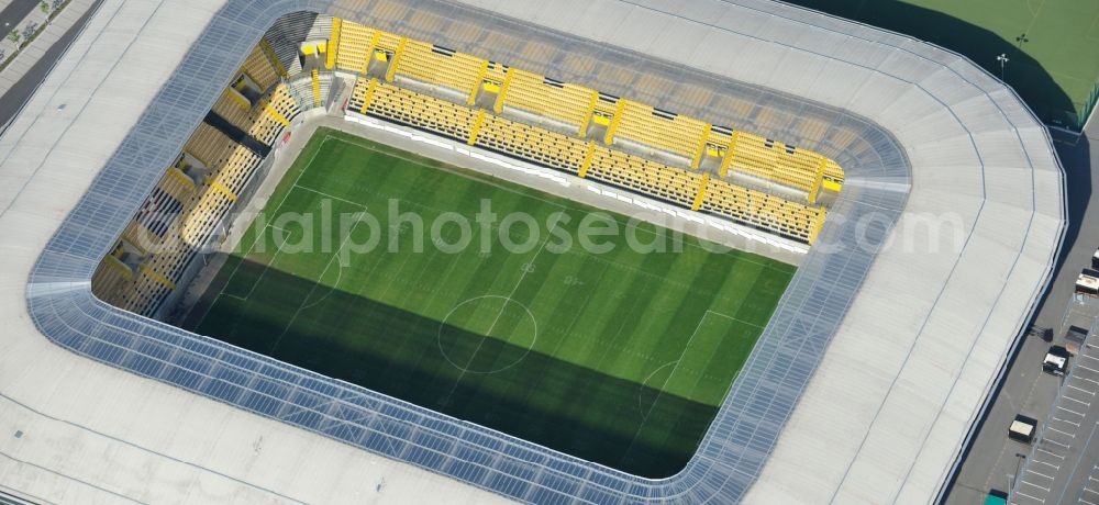 Aerial image Dresden - View of the stadium in Dresden in the state Saxony. The football stadium had to Lennéstreet over time the name of Rudolf-Harbig-Stadion, Dynamo Stadium and Gluecksgas Stadium