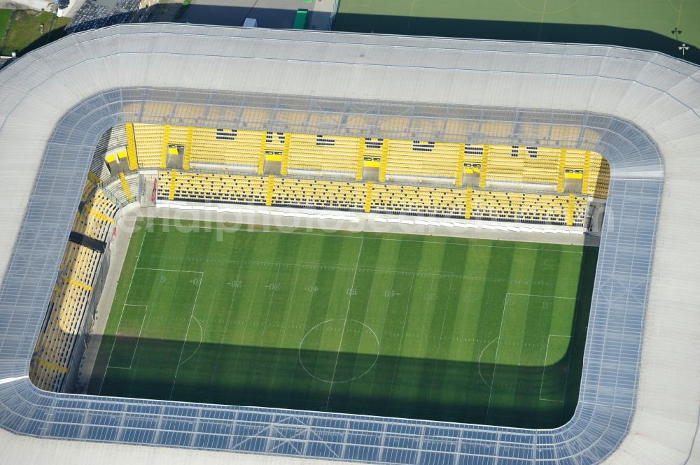 Aerial photograph Dresden - View of the stadium in Dresden in the state Saxony. The football stadium had to Lennéstreet over time the name of Rudolf-Harbig-Stadion, Dynamo Stadium and Gluecksgas Stadium