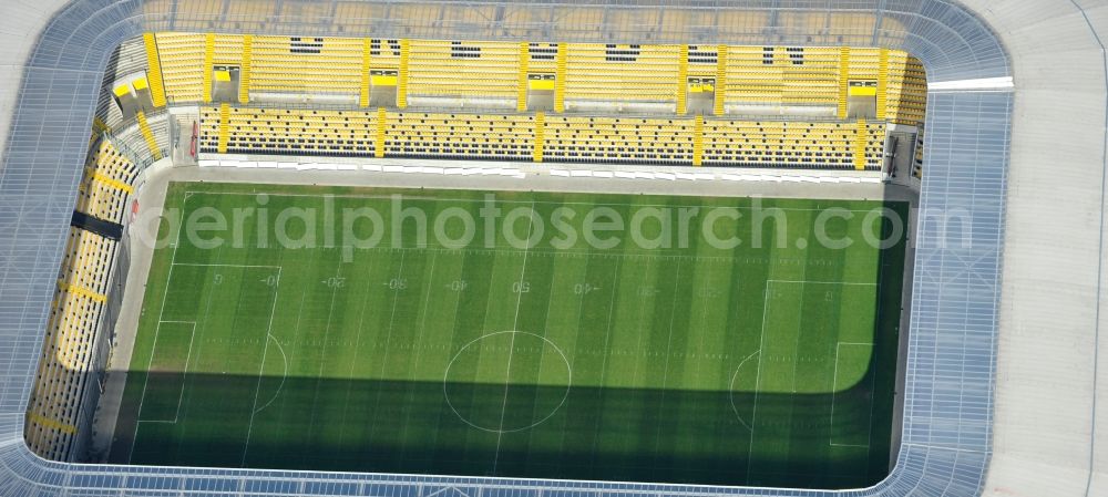 Dresden from above - View of the stadium in Dresden in the state Saxony. The football stadium had to Lennéstreet over time the name of Rudolf-Harbig-Stadion, Dynamo Stadium and Gluecksgas Stadium