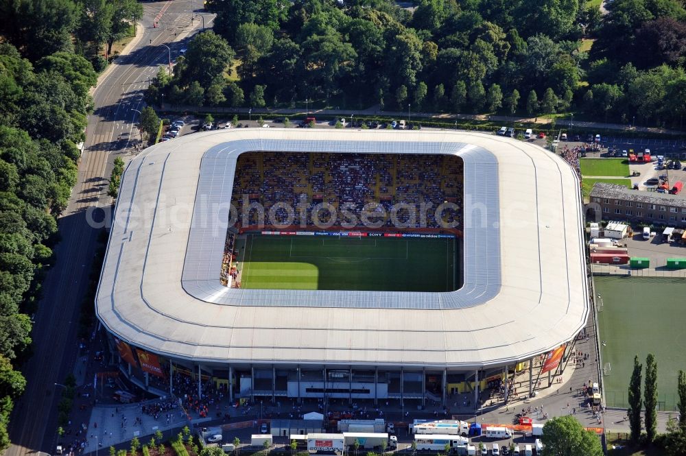 Dresden from above - View of the stadium in Dresden in the state Saxony. The football stadium had to Lennéstreet over time the name of Rudolf-Harbig-Stadion, Dynamo Stadium and Gluecksgas Stadium