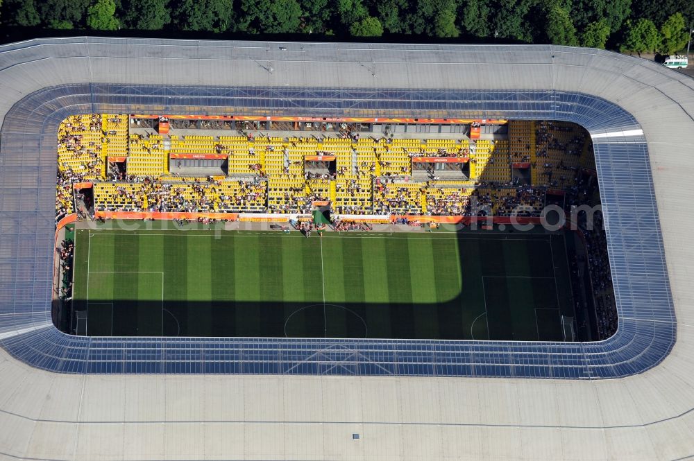 Dresden from above - View of the stadium in Dresden in the state Saxony. The football stadium had to Lennéstreet over time the name of Rudolf-Harbig-Stadion, Dynamo Stadium and Gluecksgas Stadium