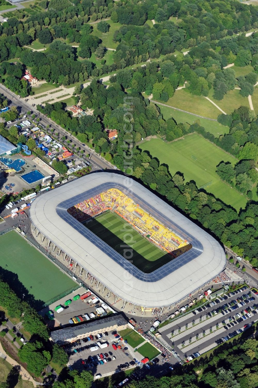 Dresden from above - View of the stadium in Dresden in the state Saxony. The football stadium had to Lennéstreet over time the name of Rudolf-Harbig-Stadion, Dynamo Stadium and Gluecksgas Stadium