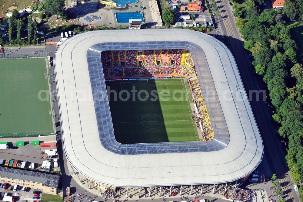 Dresden from above - View of the stadium in Dresden in the state Saxony. The football stadium had to Lennéstreet over time the name of Rudolf-Harbig-Stadion, Dynamo Stadium and Gluecksgas Stadium