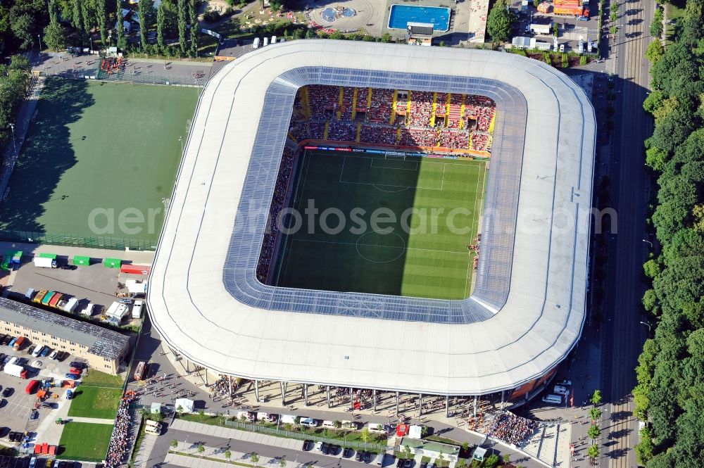 Aerial image Dresden - View of the stadium in Dresden in the state Saxony. The football stadium had to Lennéstreet over time the name of Rudolf-Harbig-Stadion, Dynamo Stadium and Gluecksgas Stadium