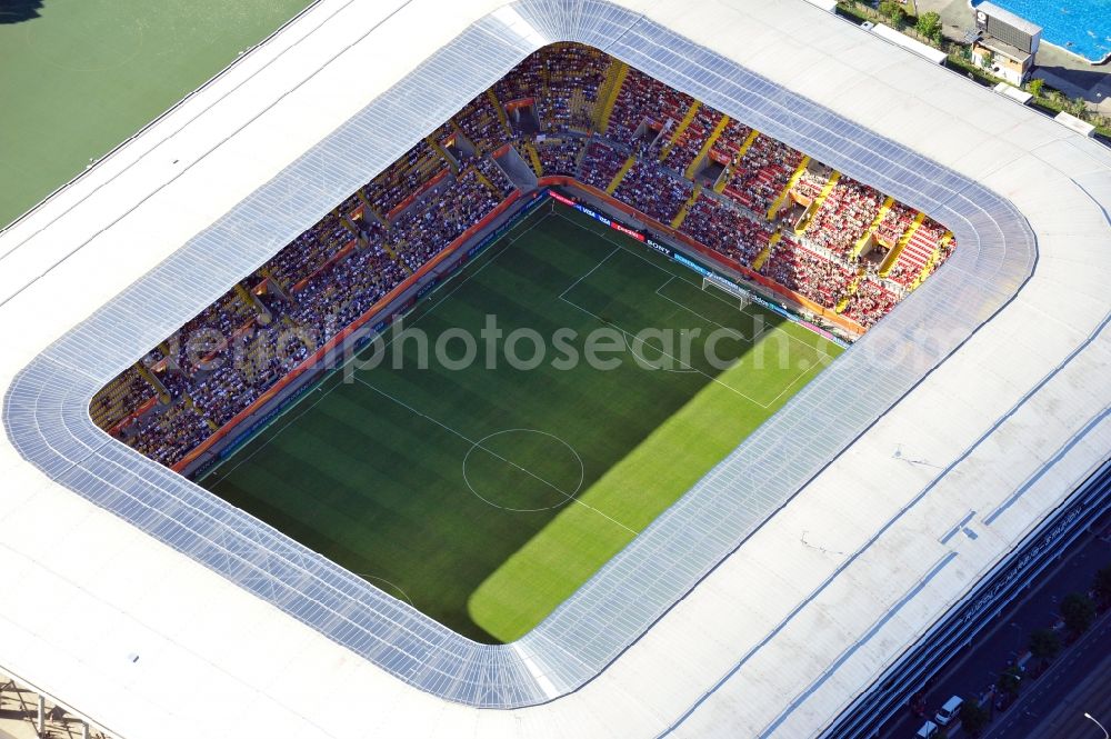 Dresden from above - View of the stadium in Dresden in the state Saxony. The football stadium had to Lennéstreet over time the name of Rudolf-Harbig-Stadion, Dynamo Stadium and Gluecksgas Stadium