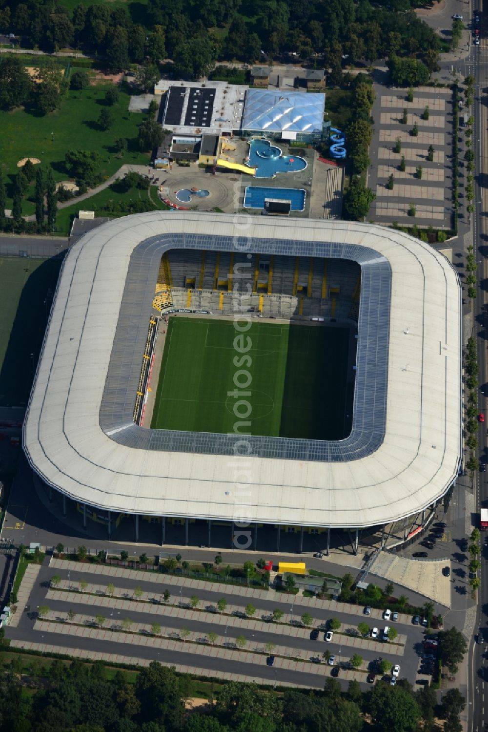 Dresden from above - View of the stadium in Dresden in the state Saxony. The football stadium had to Lennéstreet over time the name of Rudolf-Harbig-Stadion, Dynamo Stadium and Gluecksgas Stadium