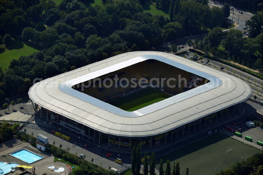 Dresden from above - View of the stadium in Dresden in the state Saxony. The football stadium had to Lennéstreet over time the name of Rudolf-Harbig-Stadion, Dynamo Stadium and Gluecksgas Stadium