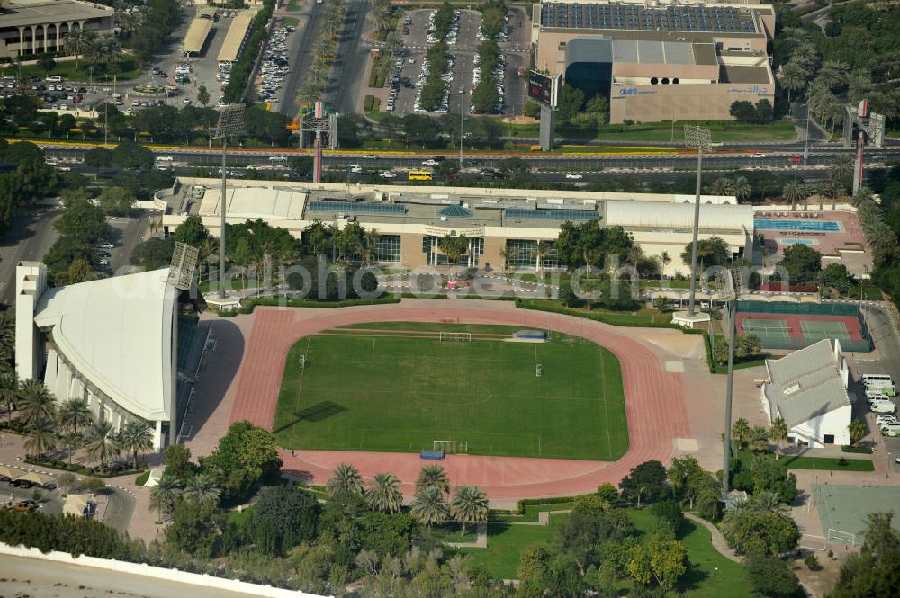 Aerial image Dubai - Blick auf das Police Officers Club Stadium an der Sheikh Rashid Road in Dubai. Dieses multifunktionelle Stadion wurde 1996 eingeweiht und wird heute überwiegend für Fußball genutzt. Es hat eine Kapazität von 7,500 Personen. View of the Police Officers Club Stadium on Sheikh Rashid Road in Dubai. This multi-funktional stadium was built in 1996 and is mostly used for soccer nowadays. It holds 7,500 people.