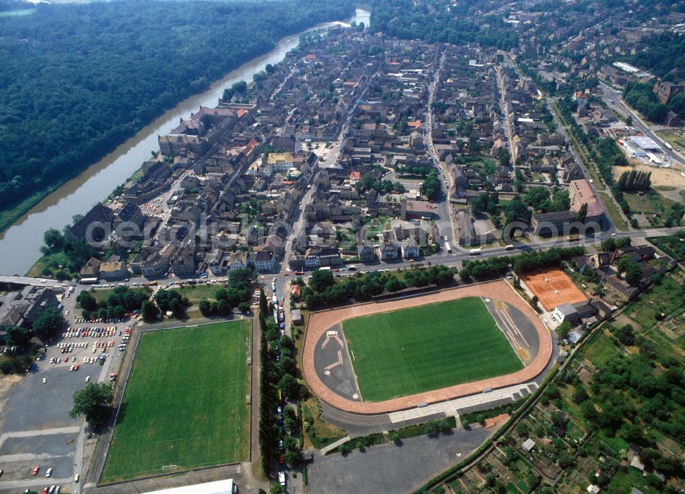 Grimma from the bird's eye view: Blick über das Stadion der Freundschaft auf die Altstadt an der Mulde von Grimma in Sachsen. View over the stadium Stadion der Freundschaft on the old city of Grimma at the Mulde river in Saxony.