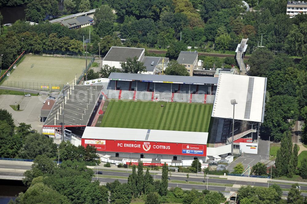 Aerial photograph Cottbus - Blick auf das Stadion der Freundschaft in Cottbus. Es ist die Heimspielstätte des Fußballvereins FC Energie Cottbus und liegt direkt an der Spree. Das Stadion bietet Platz für 22.500 Zuschauer. View of the Stadium of Friendship in Cottbus. It is the home ground of the football club FC Energie Cottbus is located directly on the Spree River. The stadium can accommodate 22,500 spectators.