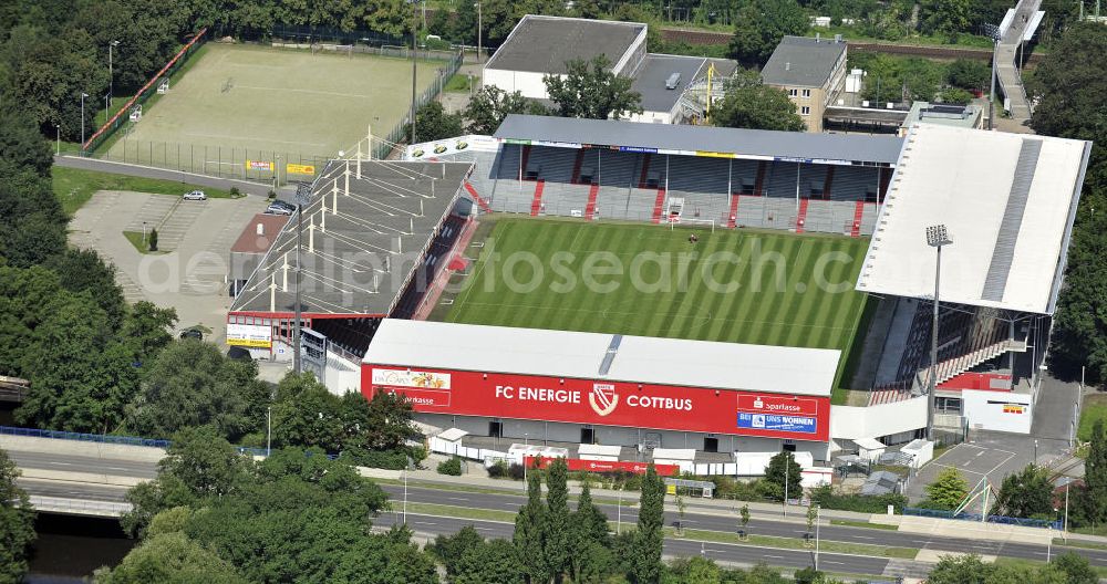 Cottbus from above - Blick auf das Stadion der Freundschaft in Cottbus. Es ist die Heimspielstätte des Fußballvereins FC Energie Cottbus und liegt direkt an der Spree. Das Stadion bietet Platz für 22.500 Zuschauer. View of the Stadium of Friendship in Cottbus. It is the home ground of the football club FC Energie Cottbus is located directly on the Spree River. The stadium can accommodate 22,500 spectators.