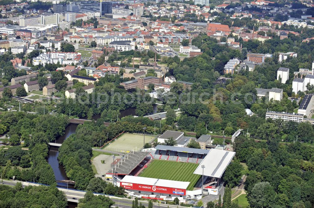 Cottbus from the bird's eye view: Blick auf das Stadion der Freundschaft in Cottbus. Es ist die Heimspielstätte des Fußballvereins FC Energie Cottbus und liegt direkt an der Spree. Das Stadion bietet Platz für 22.500 Zuschauer. View of the Stadium of Friendship in Cottbus. It is the home ground of the football club FC Energie Cottbus is located directly on the Spree River. The stadium can accommodate 22,500 spectators.