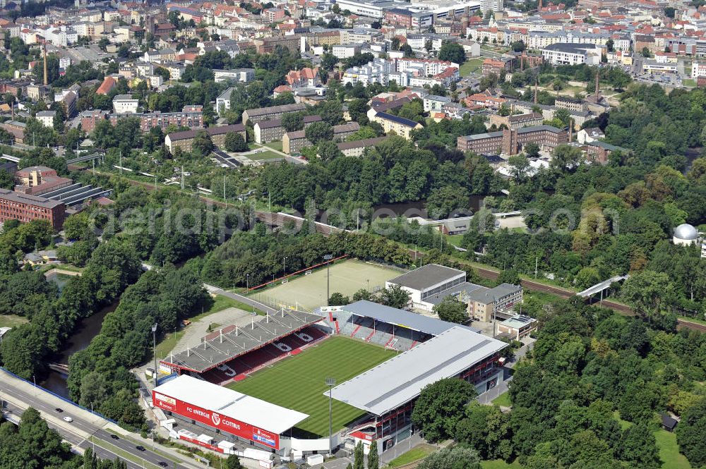 Cottbus from above - Blick auf das Stadion der Freundschaft in Cottbus. Es ist die Heimspielstätte des Fußballvereins FC Energie Cottbus und liegt direkt an der Spree. Das Stadion bietet Platz für 22.500 Zuschauer. View of the Stadium of Friendship in Cottbus. It is the home ground of the football club FC Energie Cottbus is located directly on the Spree River. The stadium can accommodate 22,500 spectators.