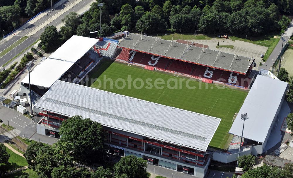 Aerial image Cottbus - Blick auf das Stadion der Freundschaft in Cottbus. Es ist die Heimspielstätte des Fußballvereins FC Energie Cottbus und liegt direkt an der Spree. Das Stadion bietet Platz für 22.500 Zuschauer. View of the Stadium of Friendship in Cottbus. It is the home ground of the football club FC Energie Cottbus is located directly on the Spree River. The stadium can accommodate 22,500 spectators.