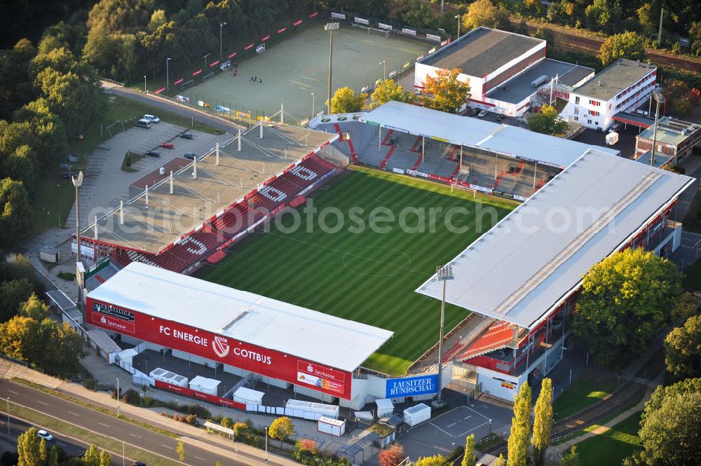 Aerial image Cottbus - Das Stadion der Freundschaft in Cottbus ist die Heimspielstätte des Fußballvereins FC Energie Cottbus. The Stadium of Friendship in Cottbus is the home ground of the football club FC Energie Cottbus.