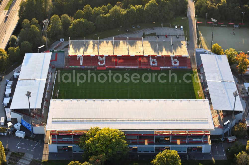 Aerial photograph Cottbus - Das Stadion der Freundschaft in Cottbus ist die Heimspielstätte des Fußballvereins FC Energie Cottbus. The Stadium of Friendship in Cottbus is the home ground of the football club FC Energie Cottbus.