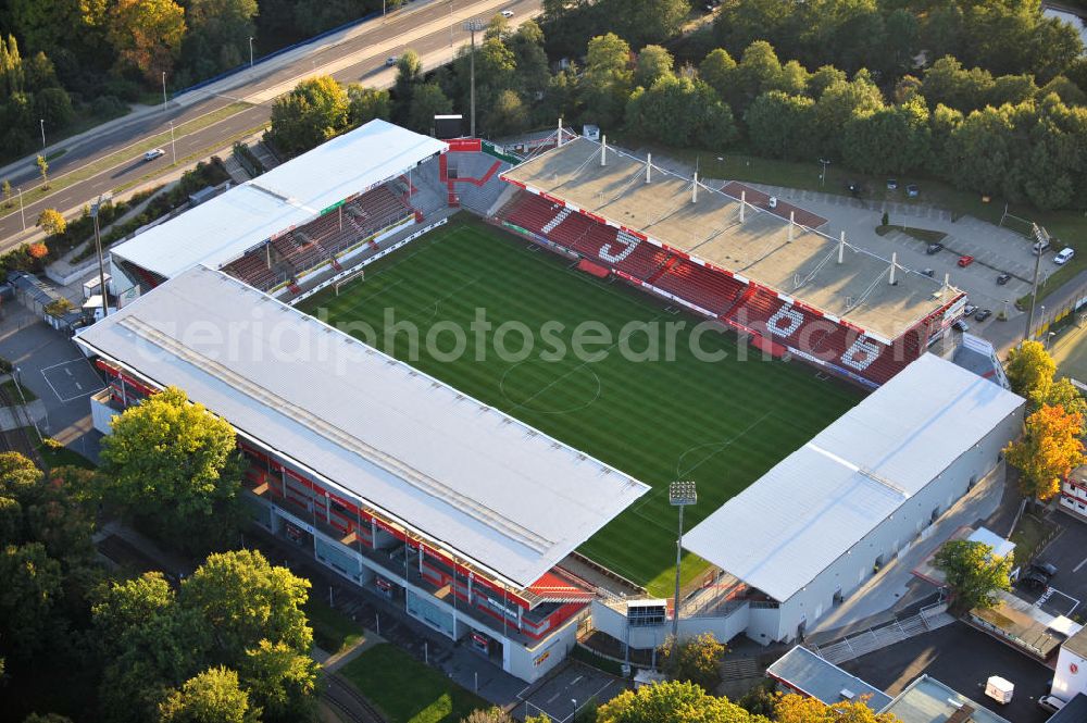 Cottbus from above - Das Stadion der Freundschaft in Cottbus ist die Heimspielstätte des Fußballvereins FC Energie Cottbus. The Stadium of Friendship in Cottbus is the home ground of the football club FC Energie Cottbus.