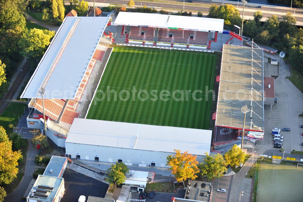 Cottbus from the bird's eye view: Das Stadion der Freundschaft in Cottbus ist die Heimspielstätte des Fußballvereins FC Energie Cottbus. The Stadium of Friendship in Cottbus is the home ground of the football club FC Energie Cottbus.