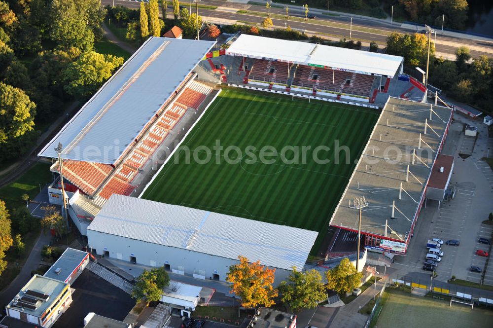 Aerial image Cottbus - Das Stadion der Freundschaft in Cottbus ist die Heimspielstätte des Fußballvereins FC Energie Cottbus. The Stadium of Friendship in Cottbus is the home ground of the football club FC Energie Cottbus.