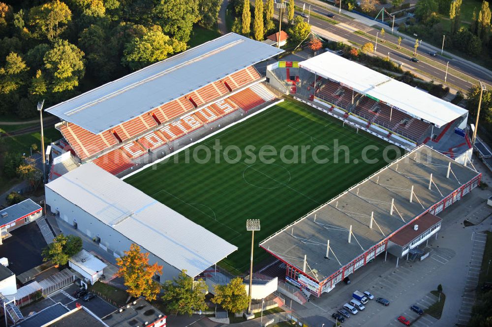 Aerial photograph Cottbus - Das Stadion der Freundschaft in Cottbus ist die Heimspielstätte des Fußballvereins FC Energie Cottbus. The Stadium of Friendship in Cottbus is the home ground of the football club FC Energie Cottbus.