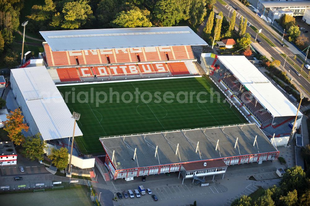 Cottbus from above - Das Stadion der Freundschaft in Cottbus ist die Heimspielstätte des Fußballvereins FC Energie Cottbus. The Stadium of Friendship in Cottbus is the home ground of the football club FC Energie Cottbus.