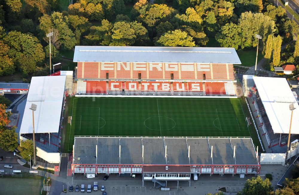 Cottbus from the bird's eye view: Das Stadion der Freundschaft in Cottbus ist die Heimspielstätte des Fußballvereins FC Energie Cottbus. The Stadium of Friendship in Cottbus is the home ground of the football club FC Energie Cottbus.