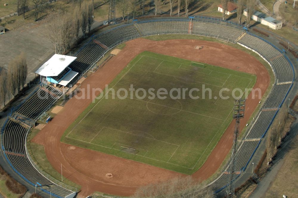 Frankfurt (Oder) from above - Blick auf das Stadion der Freundschaft in Frankfurt (Oder). Das 1953 erbaute Stadion bietet Platz für 12.000 Zuschauer und ist die Heimspielstätte des Fußballklubs Frankfurter FC Viktoria 91. View of the Stadium of Friendship in Frankfurt (Oder). The stadium was built in 1953 and has space for 12,000 spectators. It is the home ground of football club FC Viktoria 91 Frankfurt.