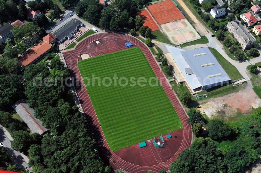 Königs Wusterhausen from above - View of the Stadium of Friendship at the Cottbuser street in Königs Wusterhausen. Beside the ground is the sports hall Paul-Dinter located