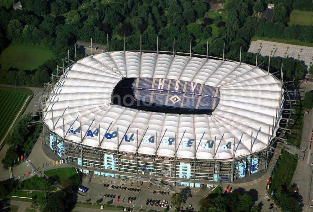 Hamburg from the bird's eye view: Blick auf das Stadion HSH Nordbank Arena. Diese ist eine Konzert- und Wettkampfstätte in Hamburg, die überwiegend vom Fußball-Bundesligisten Hamburger SV (HSV) genutzt wird und u.a. Austragungsort der Fußball-Weltmeisterschaft 2006 war. 2010 wird in der HSH Nordbank Arena das Finale des UEFA Cup stattfinden. Bis einschließlich 30. Juni 2001 trug es den Namen Volksparkstadion, bis einschließlich 3. Juli 2007 hieß es AOL Arena. Kontakt: HSH NORDBANK ARENA HAMBURG, HSV-Arena GmbH & CO. KG, Sylvesterallee 7, 22525 Hamburg, Tel. +49 (0)40 415531 10, Fax +49 (0)40 415531 20, e-mail: info@hsv-hshnordbank-arena.de