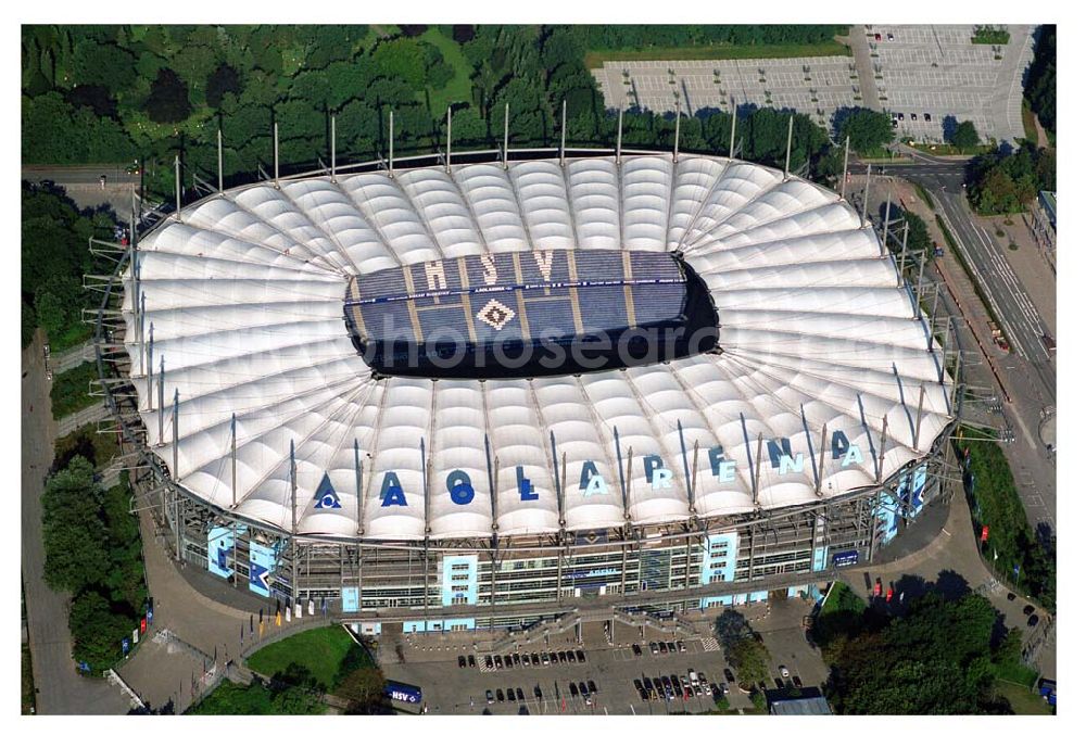 Hamburg from the bird's eye view: Blick auf das Stadion HSH Nordbank Arena. Diese ist eine Konzert- und Wettkampfstätte in Hamburg, die überwiegend vom Fußball-Bundesligisten Hamburger SV (HSV) genutzt wird und u.a. Austragungsort der Fußball-Weltmeisterschaft 2006 war. 2010 wird in der HSH Nordbank Arena das Finale des UEFA Cup stattfinden. Bis einschließlich 30. Juni 2001 trug es den Namen Volksparkstadion, bis einschließlich 3. Juli 2007 hieß es AOL Arena. Kontakt: HSH NORDBANK ARENA HAMBURG, HSV-Arena GmbH & CO. KG, Sylvesterallee 7, 22525 Hamburg, Tel. +49 (0)40 415531 10, Fax +49 (0)40 415531 20, e-mail: info@hsv-hshnordbank-arena.de