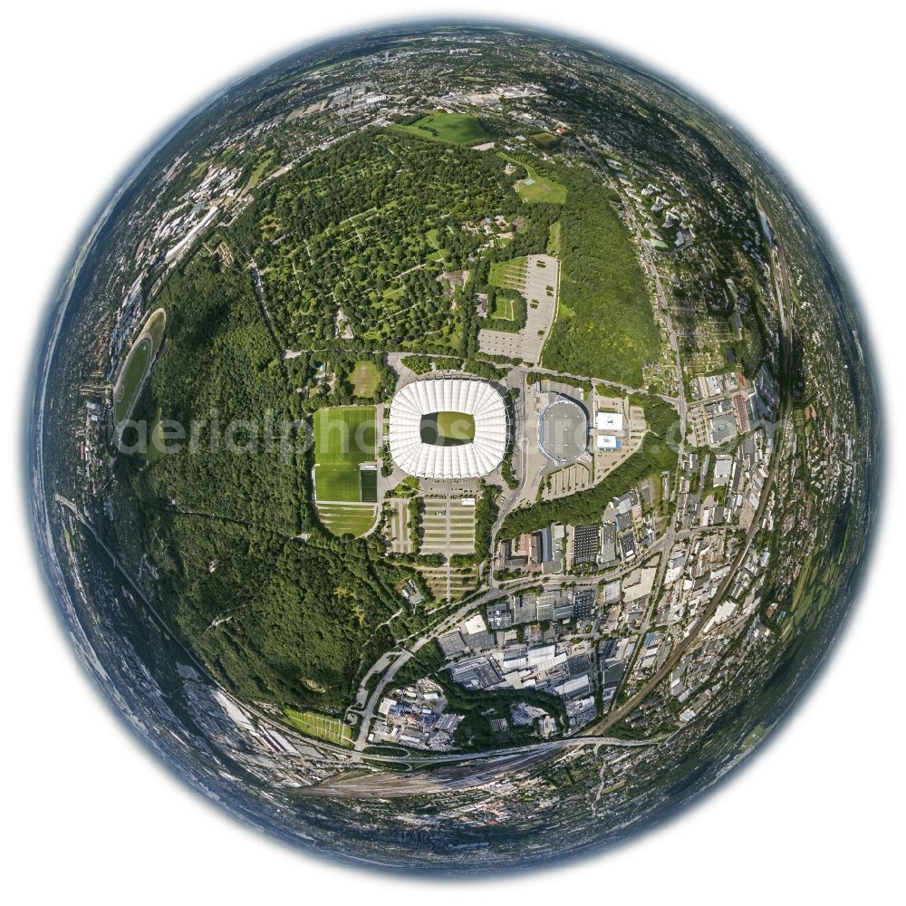 Hamburg from above - Fisheye view of the stadium Imtech-Arena is the home ground of German Bundesliga club HSV