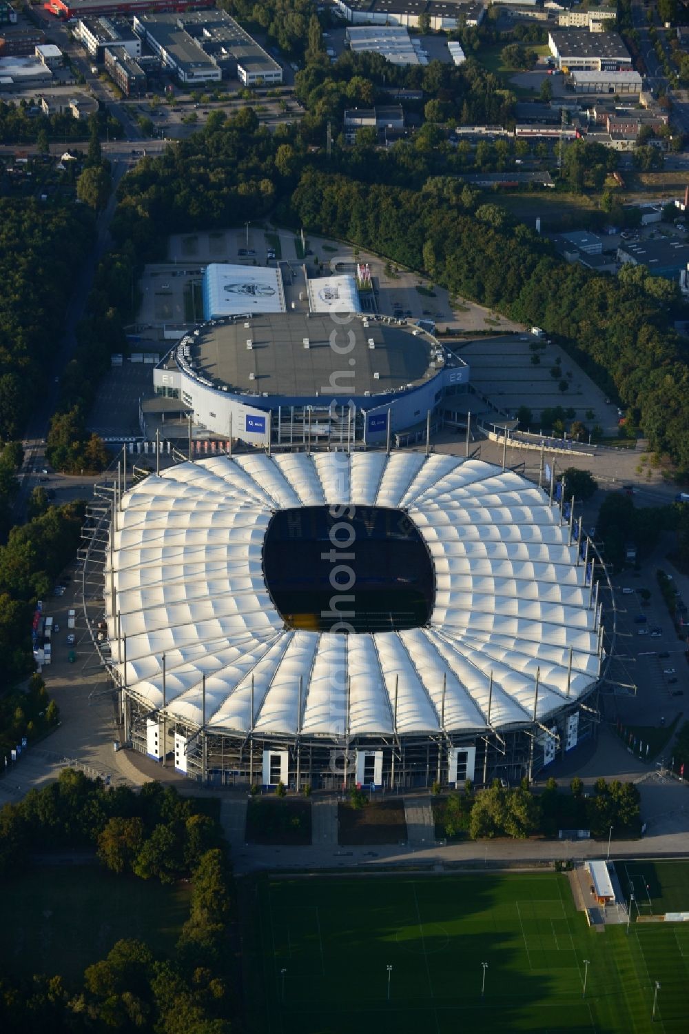 Hamburg from above - The stadium Imtech-Arena is the home ground of German Bundesliga club HSV