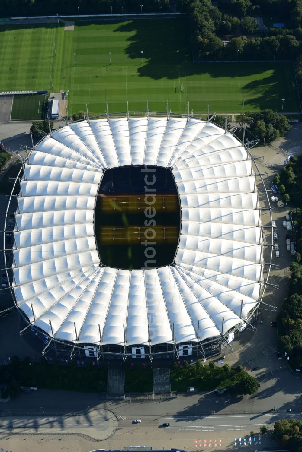 Hamburg from above - The stadium Imtech-Arena is the home ground of German Bundesliga club HSV