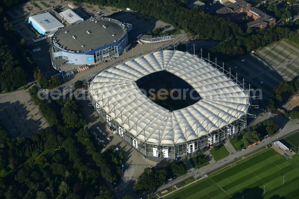 Hamburg from the bird's eye view: The stadium Imtech-Arena is the home ground of German Bundesliga club HSV