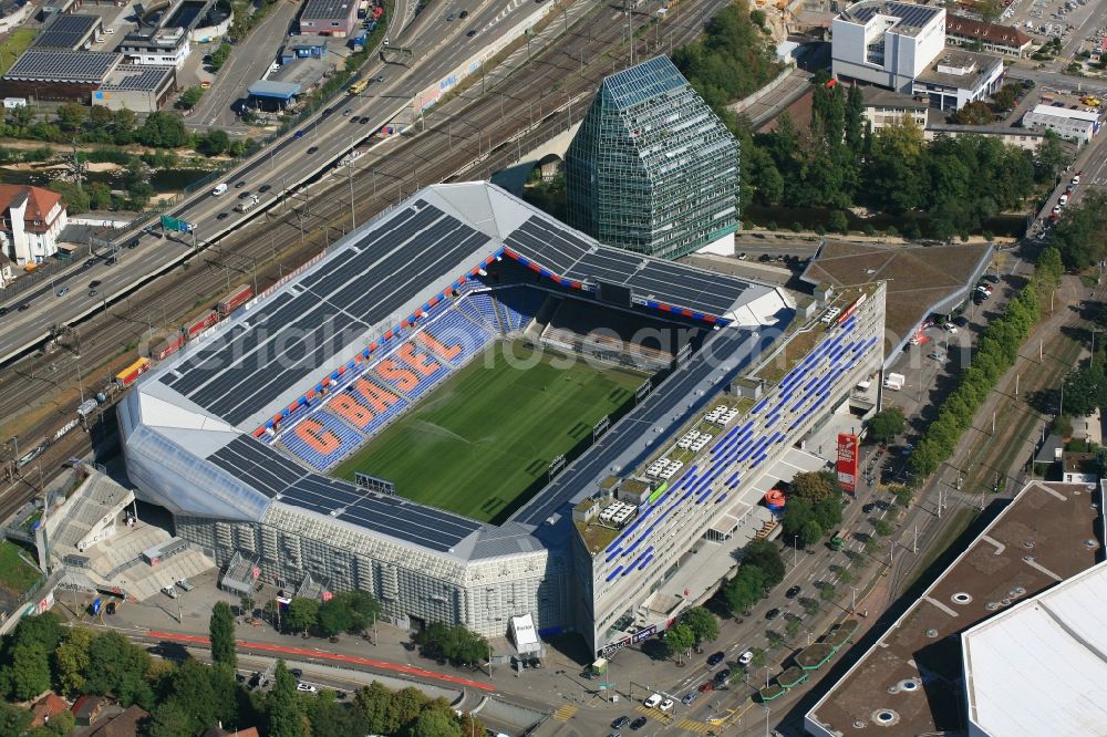 Aerial photograph Basel - The St. Jakob-Park (formerly St. Jakob Stadium, local Joggeli called) is part of the Sports Center St. Jakob. It is the home stadium of the football club Basel (FCB). It was created by the architects Herzog & de Meuron