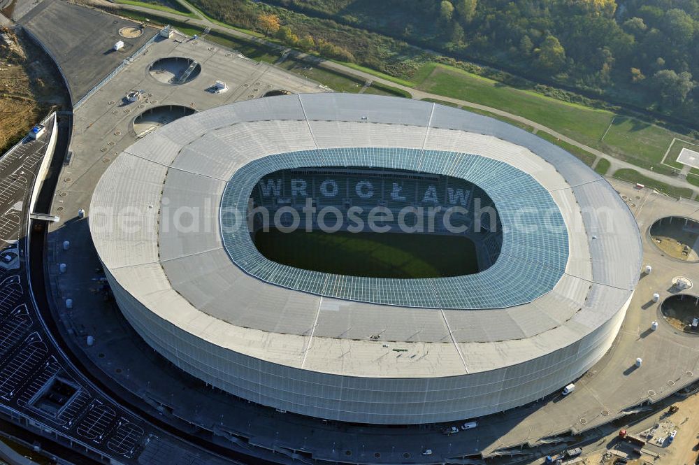 Aerial image Wroclaw / Breslau - Das neu errichtete Stadion Miejski in Breslau, Niederschlesien in Polen. Das Fußballstadion ist ein Austragungsort der UEFA Fußball-Europameisterschaft EM 2012. Errichtet wurde der Stadion- Neubau durch das Bauunternehmen MAX Bögl nach Entwürfen des deutschen Architekturbüros JSK. The new built stadium Miejski in Wroclaw, Lower Silesia in Poland. The soccer stadium is a venue for the UEFA European Football Championship 2012. The stadium was built by the construction company Max Bögl designed by the German architects JSK.