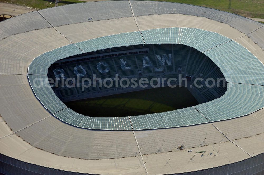 Aerial image Wroclaw / Breslau - Das neu errichtete Stadion Miejski in Breslau, Niederschlesien in Polen. Das Fußballstadion ist ein Austragungsort der UEFA Fußball-Europameisterschaft EM 2012. Errichtet wurde der Stadion- Neubau durch das Bauunternehmen MAX Bögl nach Entwürfen des deutschen Architekturbüros JSK. The new built stadium Miejski in Wroclaw, Lower Silesia in Poland. The soccer stadium is a venue for the UEFA European Football Championship 2012. The stadium was built by the construction company Max Bögl designed by the German architects JSK.