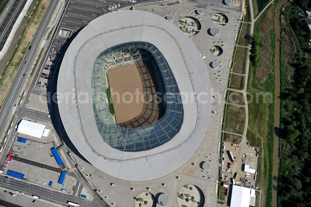 Aerial image Wroclaw / Breslau - Blick auf das Stadion Miejski in Breslau, Niederschlesien in Polen. Das Fußballstadion ist ein Austragungsort der UEFA Fußball-Europameisterschaft EM 2012. Errichtet wurde der Stadion- Neubau durch das Bauunternehmen MAX Bögl nach Entwürfen des deutschen Architekturbüros JSK. The new built stadium Miejski in Wroclaw, Lower Silesia in Poland. The soccer stadium is a venue for the UEFA European Football Championship 2012. The stadium was built by the construction company Max Bögl designed by the German architects JSK.