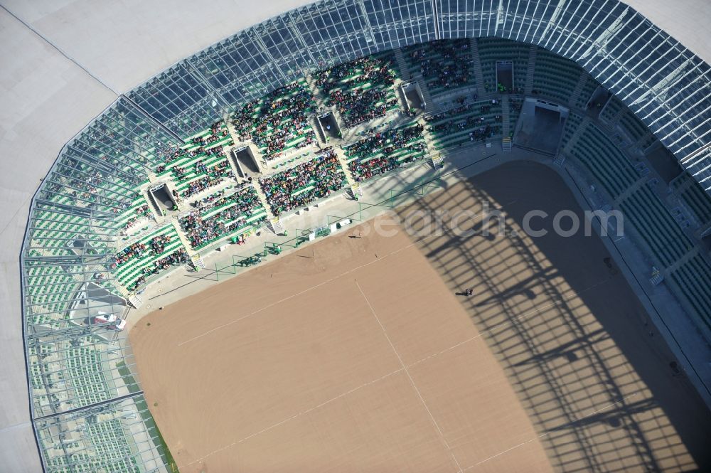 Aerial image Wroclaw / Breslau - Blick auf das Stadion Miejski in Breslau, Niederschlesien in Polen. Das Fußballstadion ist ein Austragungsort der UEFA Fußball-Europameisterschaft EM 2012. Errichtet wurde der Stadion- Neubau durch das Bauunternehmen MAX Bögl nach Entwürfen des deutschen Architekturbüros JSK. The new built stadium Miejski in Wroclaw, Lower Silesia in Poland. The soccer stadium is a venue for the UEFA European Football Championship 2012. The stadium was built by the construction company Max Bögl designed by the German architects JSK.