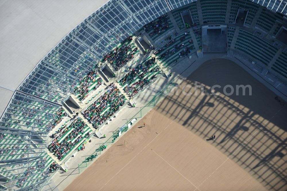 Aerial photograph Wroclaw / Breslau - Blick auf das Stadion Miejski in Breslau, Niederschlesien in Polen. Das Fußballstadion ist ein Austragungsort der UEFA Fußball-Europameisterschaft EM 2012. Errichtet wurde der Stadion- Neubau durch das Bauunternehmen MAX Bögl nach Entwürfen des deutschen Architekturbüros JSK. The new built stadium Miejski in Wroclaw, Lower Silesia in Poland. The soccer stadium is a venue for the UEFA European Football Championship 2012. The stadium was built by the construction company Max Bögl designed by the German architects JSK.