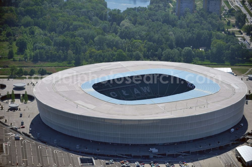 Aerial image Wroclaw / Breslau - Blick auf das Stadion Miejski in Breslau, Niederschlesien in Polen. Das Fußballstadion ist ein Austragungsort der UEFA Fußball-Europameisterschaft EM 2012. Errichtet wurde der Stadion- Neubau durch das Bauunternehmen MAX Bögl nach Entwürfen des deutschen Architekturbüros JSK. The new built stadium Miejski in Wroclaw, Lower Silesia in Poland. The soccer stadium is a venue for the UEFA European Football Championship 2012. The stadium was built by the construction company Max Bögl designed by the German architects JSK.