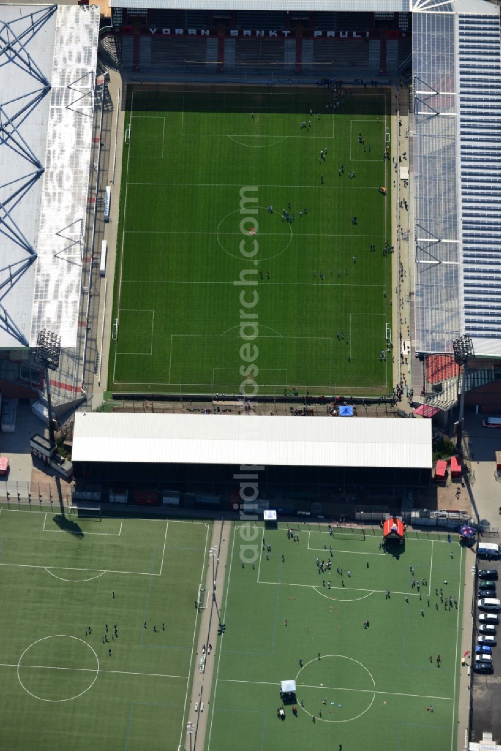 Hamburg from the bird's eye view: View of the Hamburg Millerntor Stadium / St. Pauli stadium. The stadium is home to the first and 2 Soccer team of FC St. Pauli