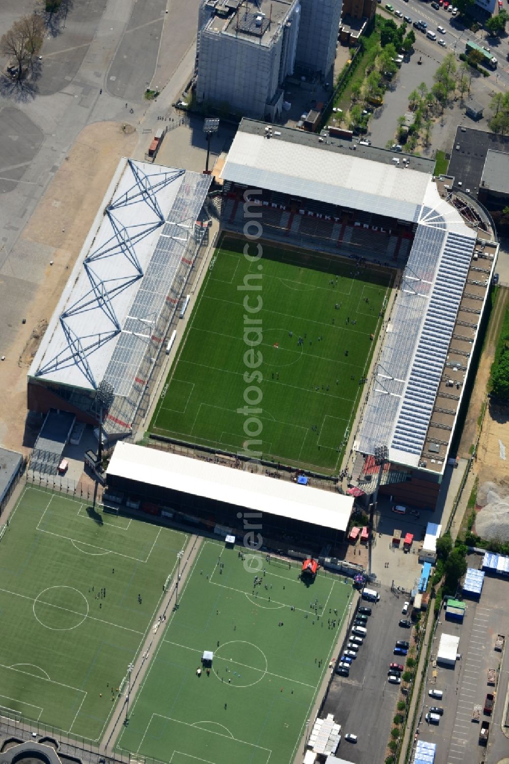 Aerial image Hamburg - View of the Hamburg Millerntor Stadium / St. Pauli stadium. The stadium is home to the first and 2 Soccer team of FC St. Pauli