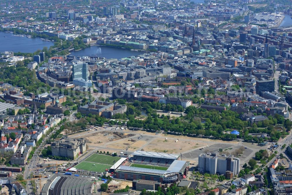 Hamburg from the bird's eye view: View of the Hamburg Millerntor Stadium / St. Pauli stadium. The stadium is home to the first and 2 Soccer team of FC St. Pauli