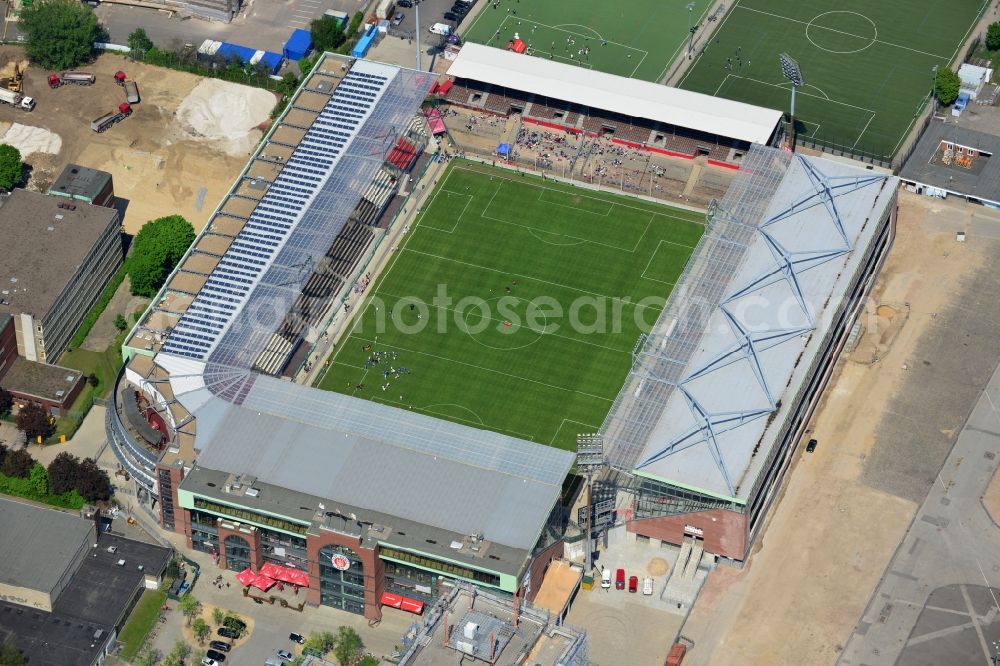 Hamburg from the bird's eye view: View of the Hamburg Millerntor Stadium / St. Pauli stadium. The stadium is home to the first and 2 Soccer team of FC St. Pauli