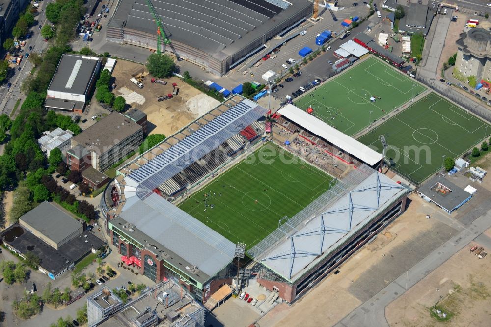 Aerial image Hamburg - View of the Hamburg Millerntor Stadium / St. Pauli stadium. The stadium is home to the first and 2 Soccer team of FC St. Pauli