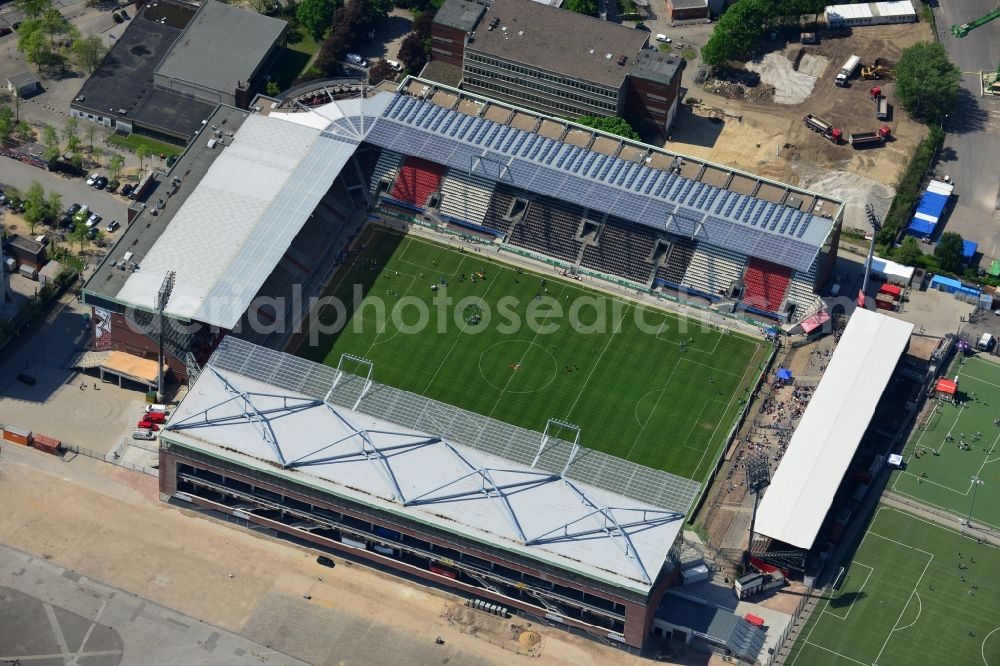 Hamburg from the bird's eye view: View of the Hamburg Millerntor Stadium / St. Pauli stadium. The stadium is home to the first and 2 Soccer team of FC St. Pauli